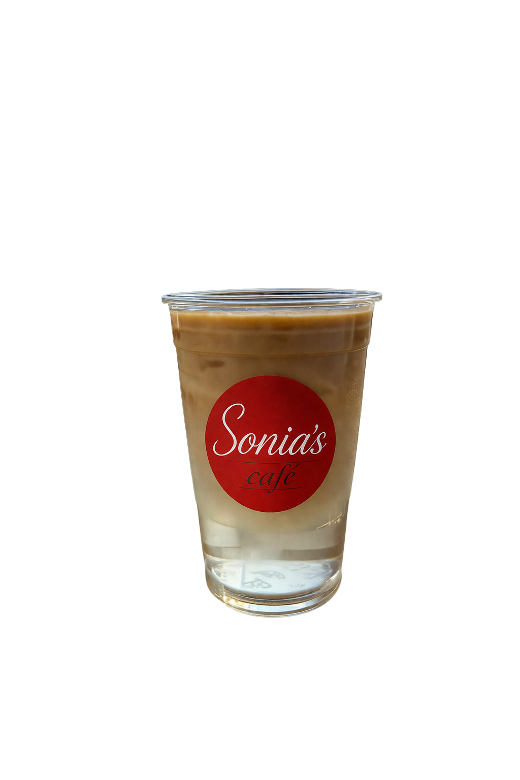 A clear plastic cup filled with iced coffee layered with milk from Sonia's café, with a red circular logo on the front displaying the café's name.