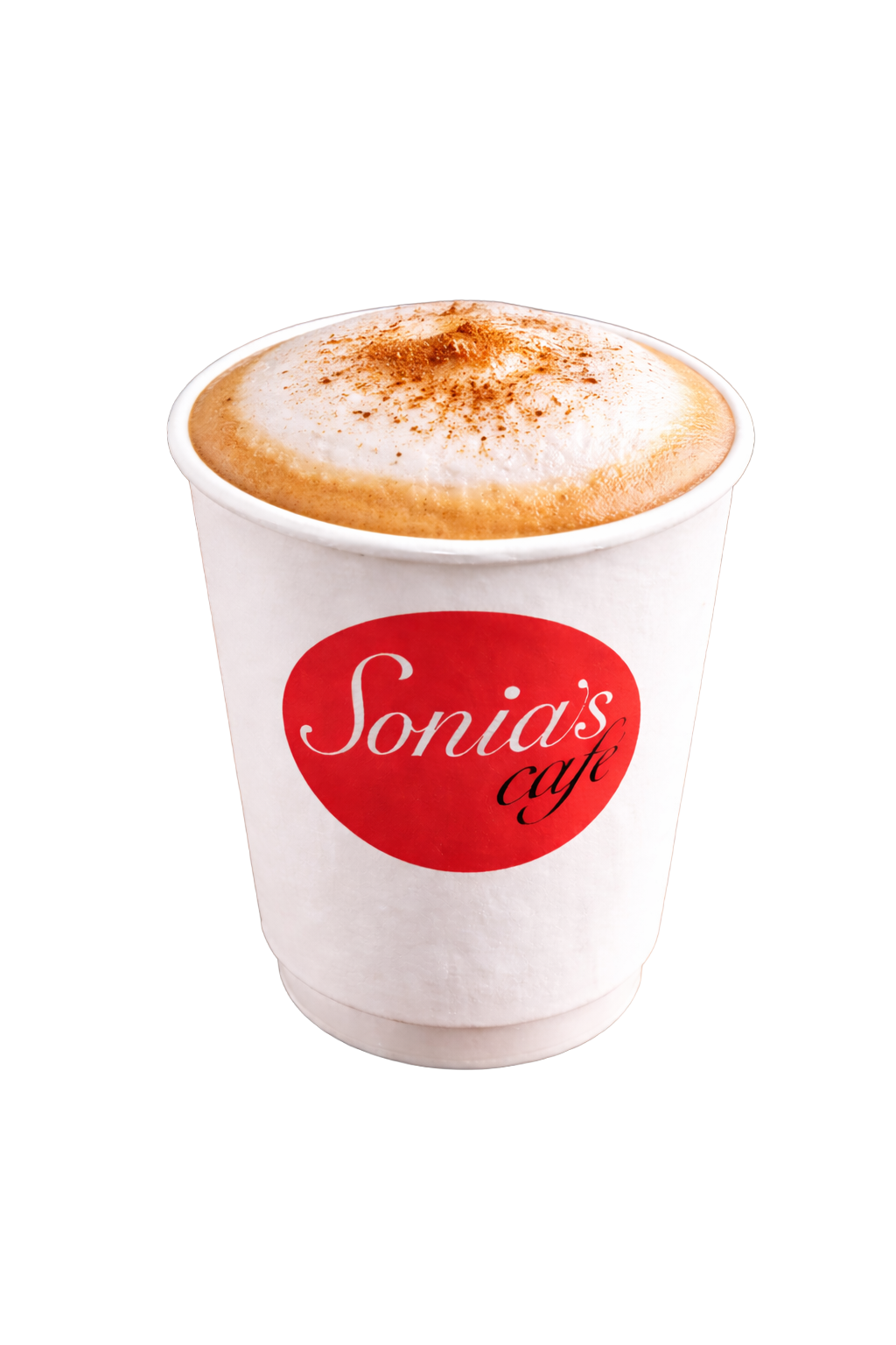 A cup of coffee with frothy milk and a dusting of cinnamon topped with foam, in a white cup labeled 'Sonia's Cafe'.