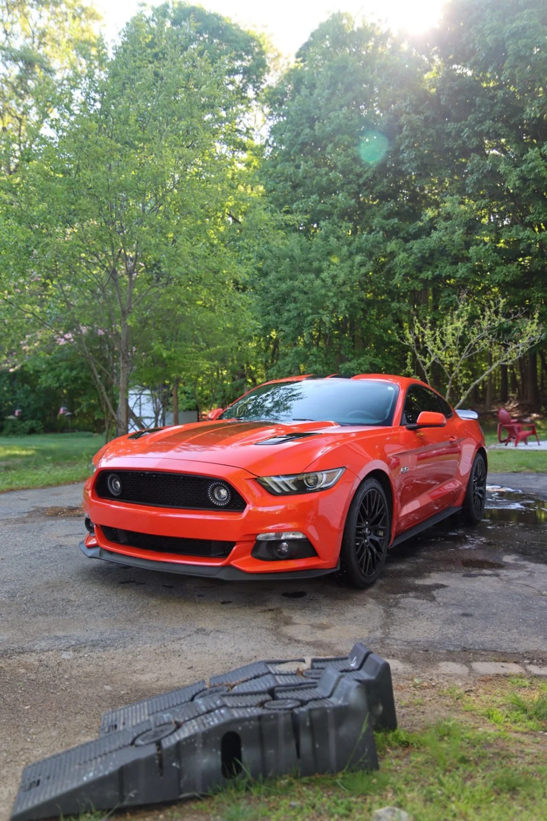 A red Ford Mustang sports car parked outdoors on a driveway with trees and sunlight in the background.