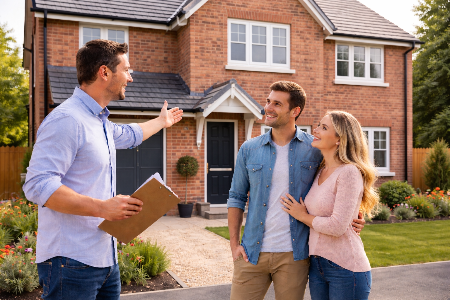 A couple is standing in front of their new house, smiling, as a real estate agent talks to them outdoors on a sunny day.