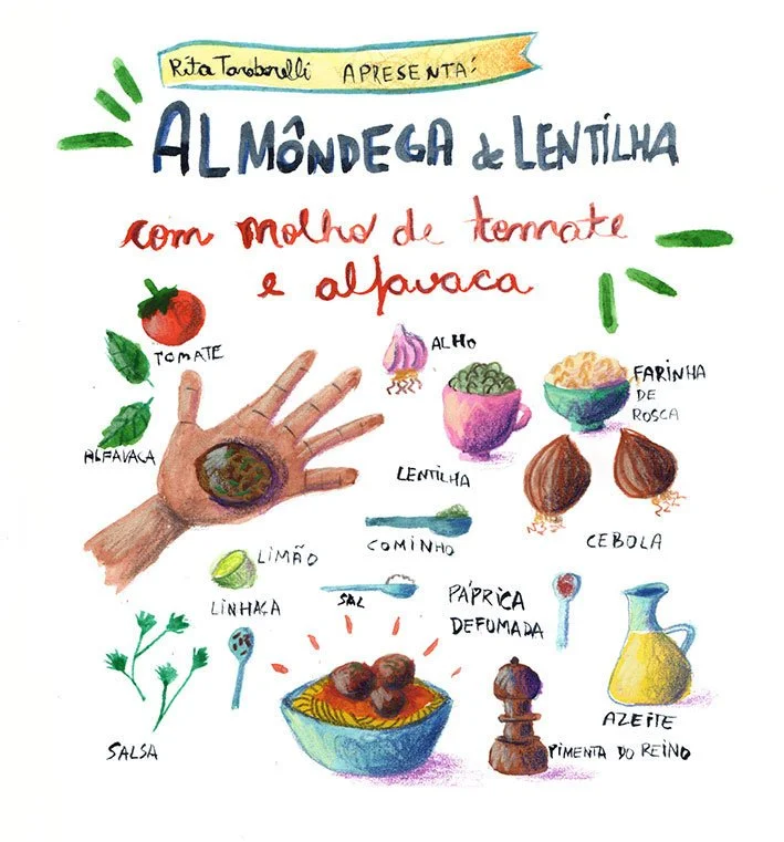 Almôndega de lentilha com molho de tomate e alfavaca