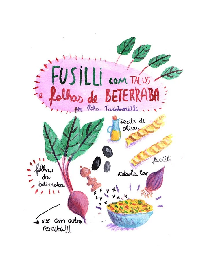 Fusilli com talos e folhas de beterraba