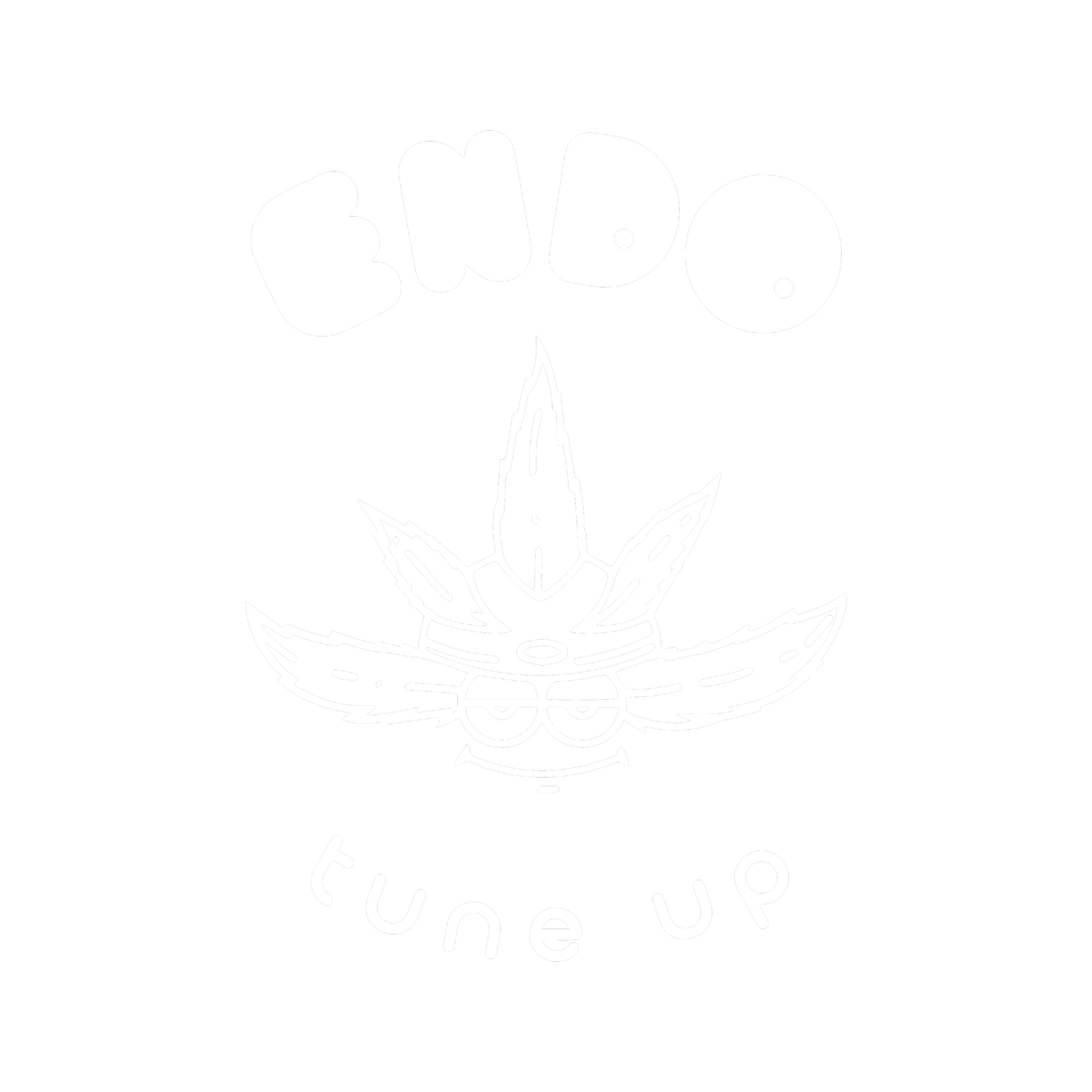 Black and white illustration of a stylized marijuana leaf with insect features, with the text 'BENDO' above and 'tune up' below.