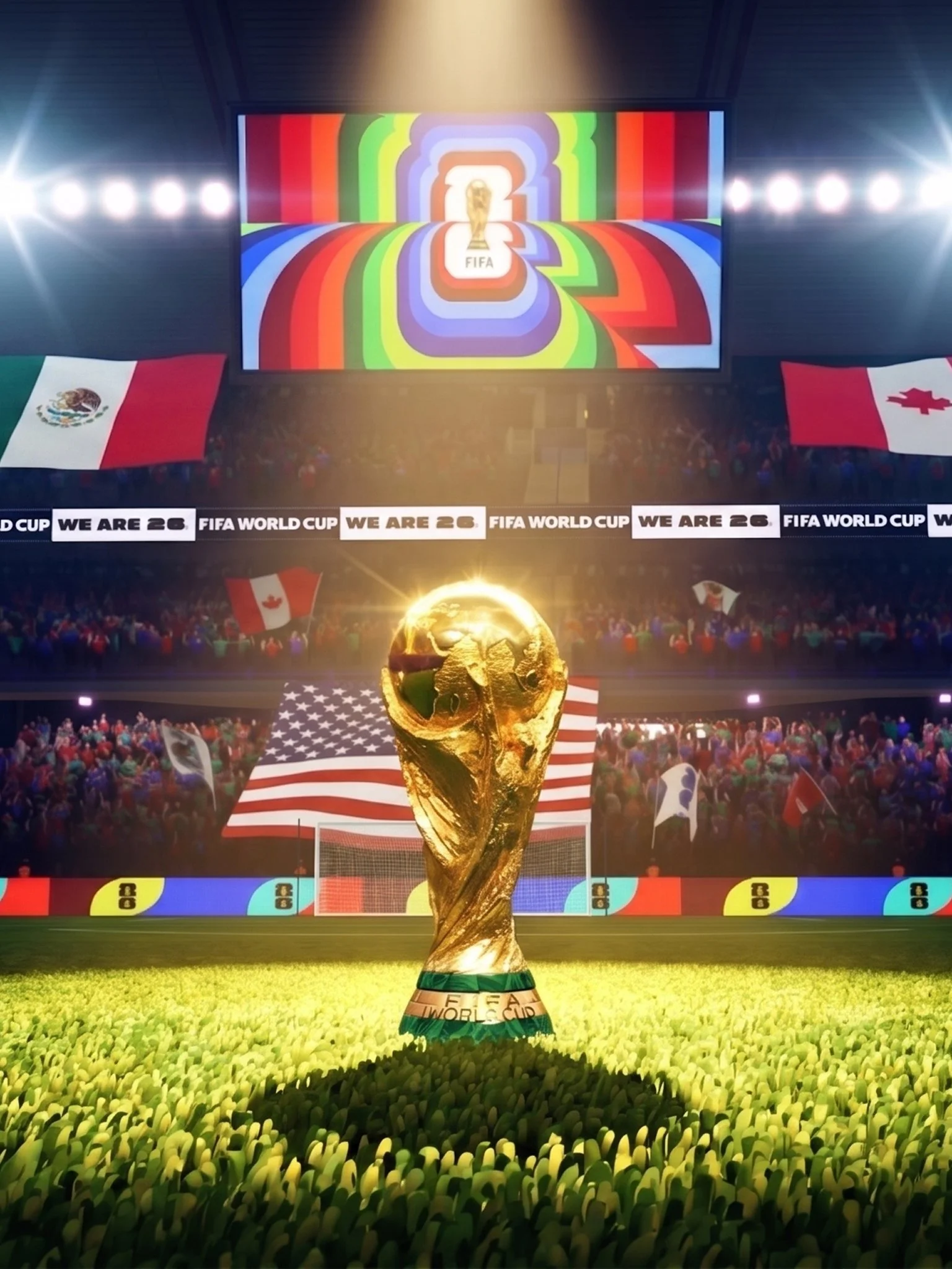 The FIFA World Cup trophy in the foreground with a stadium filled with spectators and flags from the United States, Mexico, and Canada. A colorful digital display on a large screen in the background shows a prism-like pattern with the FIFA logo.