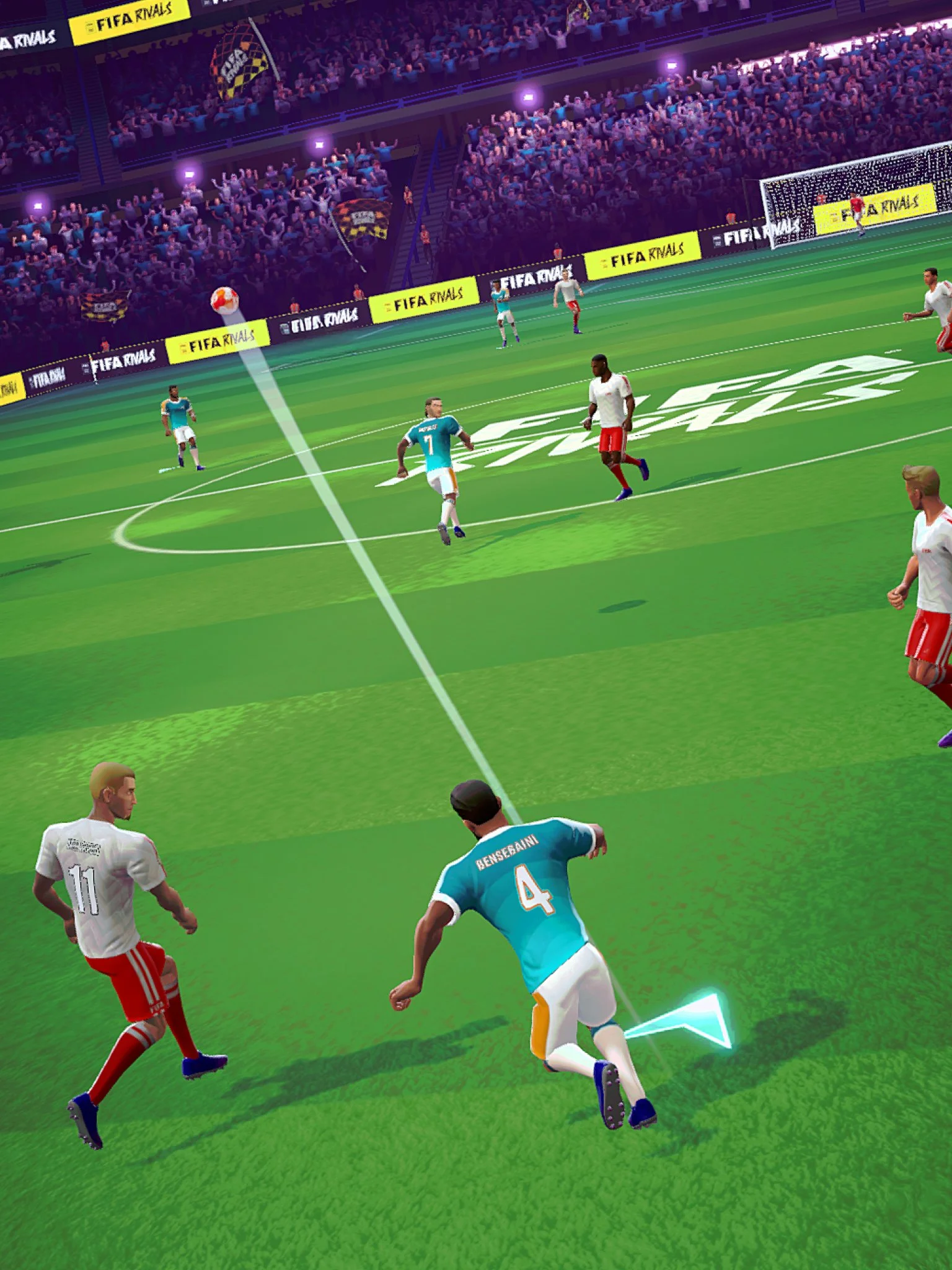 Virtual FIFA video game scene showing players on a soccer field, with one player kicking the ball towards the goal, surrounded by fans and stadium advertisements.