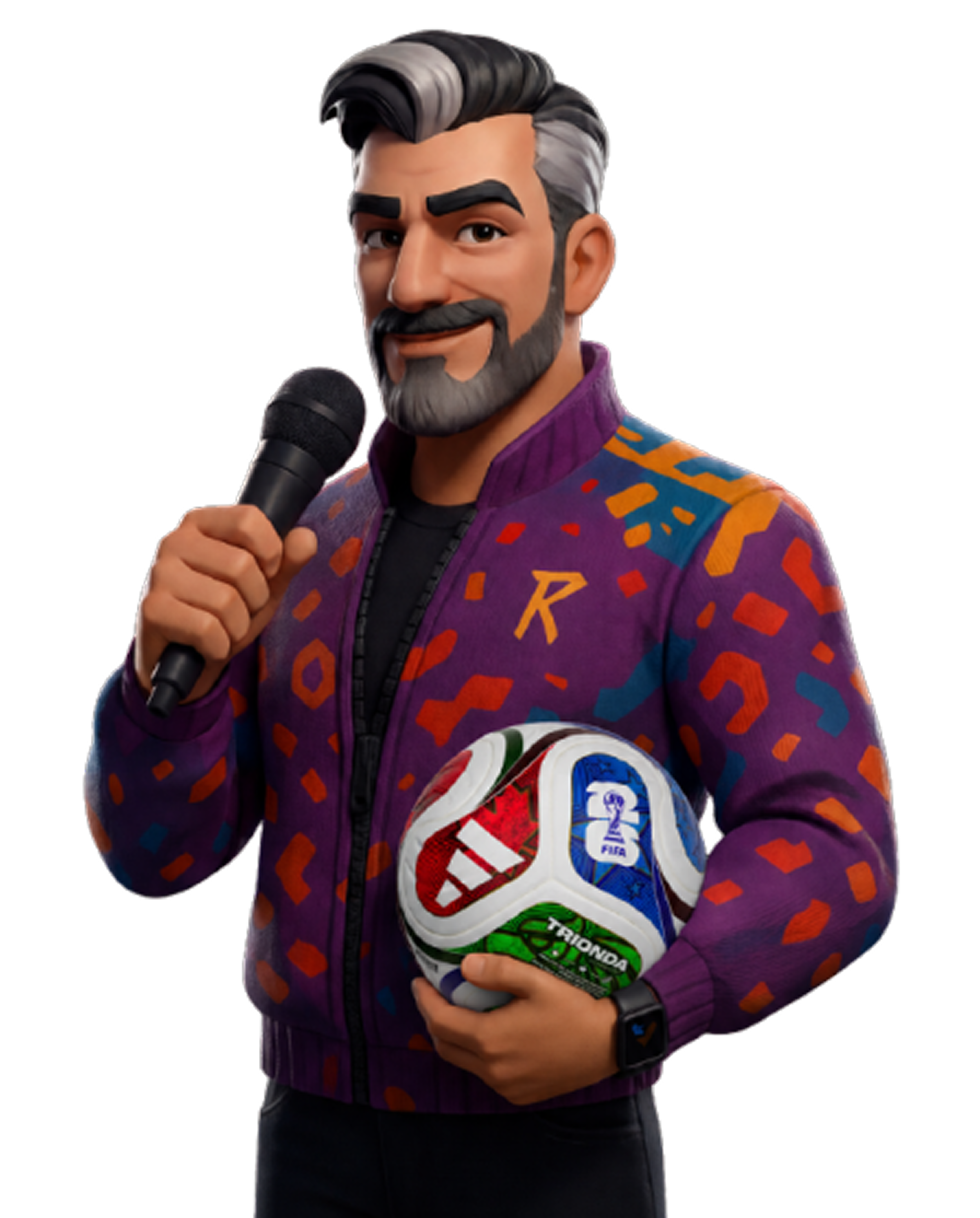 A cartoon-style man with gray hair and a beard, wearing a colorful patterned purple jacket, holding a soccer ball with various brand logos, including Nike and Honda, in one hand and a microphone in the other.
