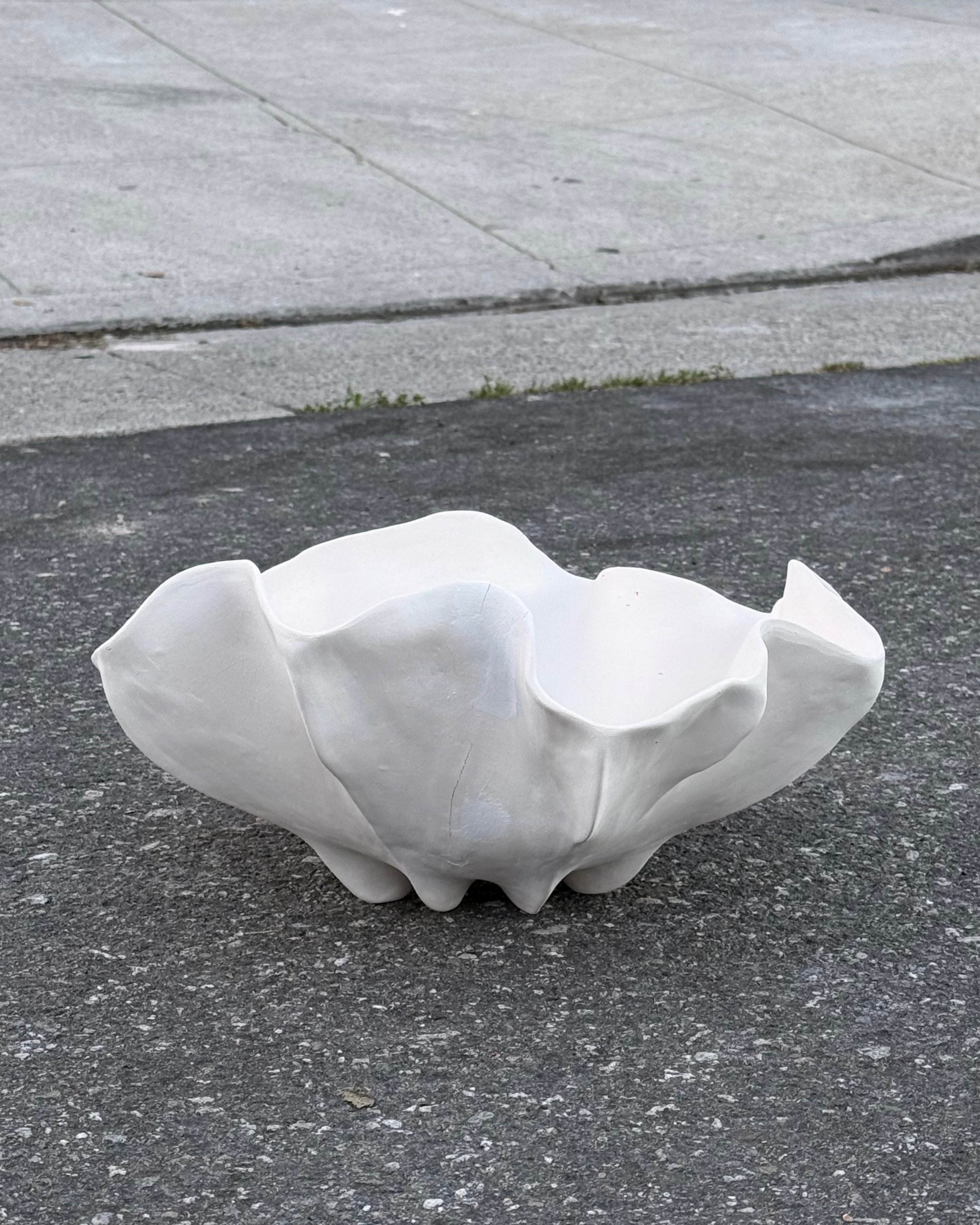 A white ceramic shell-shaped bowl on a gray asphalt surface outdoors, with a concrete sidewalk and curb in the background.