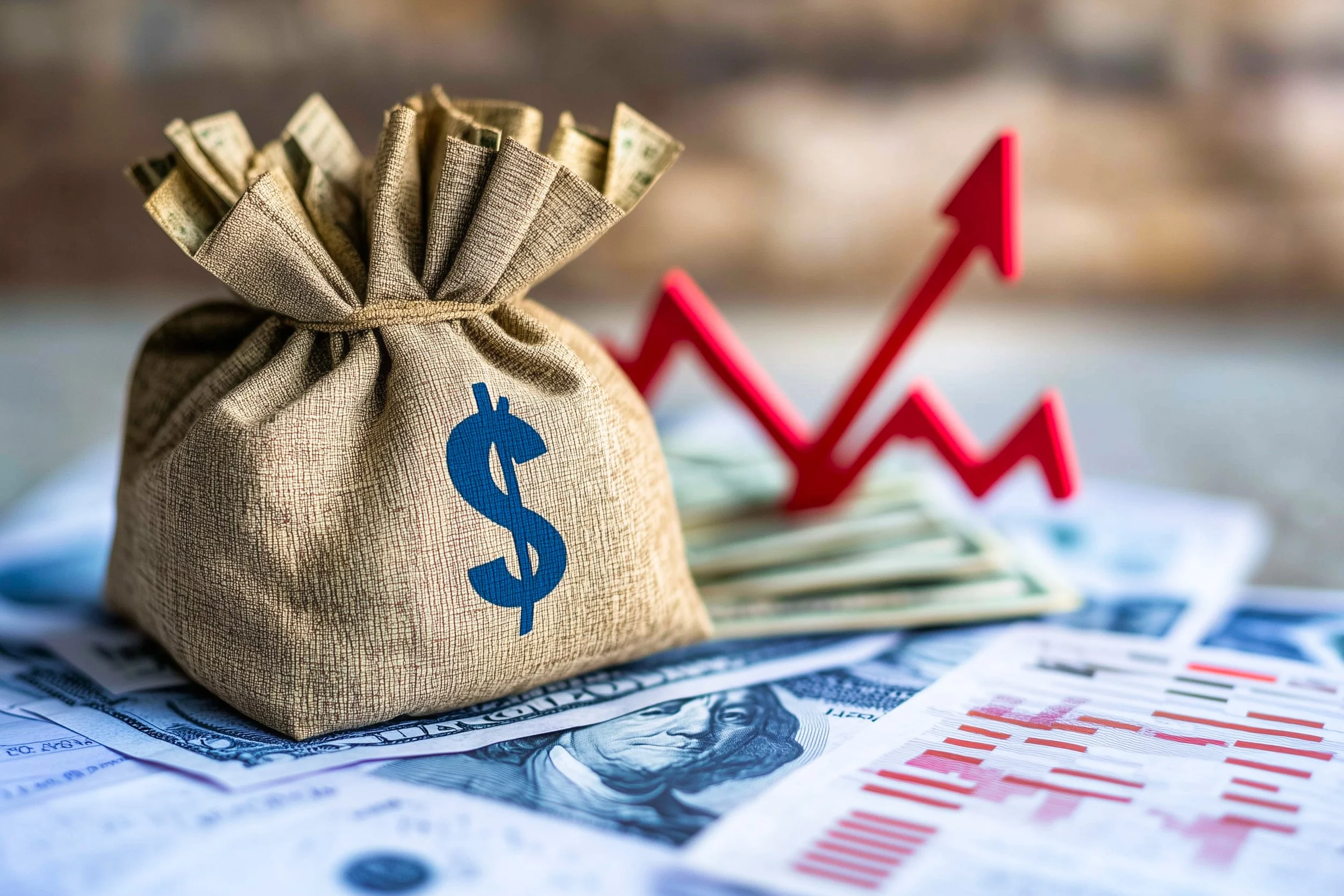 A small cloth money bag with a blue dollar sign, surrounded by U.S. dollar bills and a red upward trending arrow, symbolizing financial growth. Brandywine Digital Services SEO Fixes, Website Management, Website Development, Social Media Management