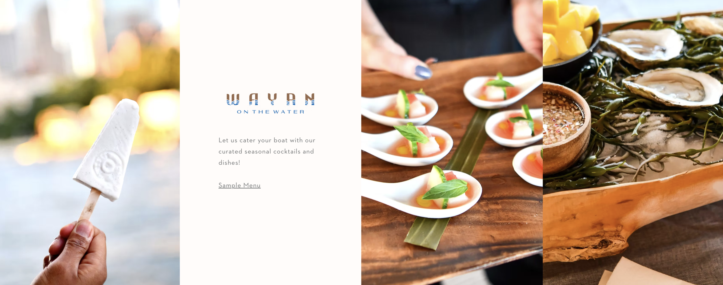 A collage of three images: a hand holding a vanilla ice cream popsicle outdoors, small white spoons with colorful appetizers on a wooden board, and a wooden tray with oysters, seaweed, and tropical fruit.