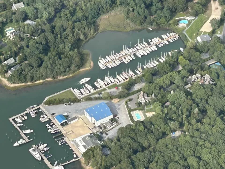 Aerial drone view of Maidstone Harbor Marina slips, East Hampton