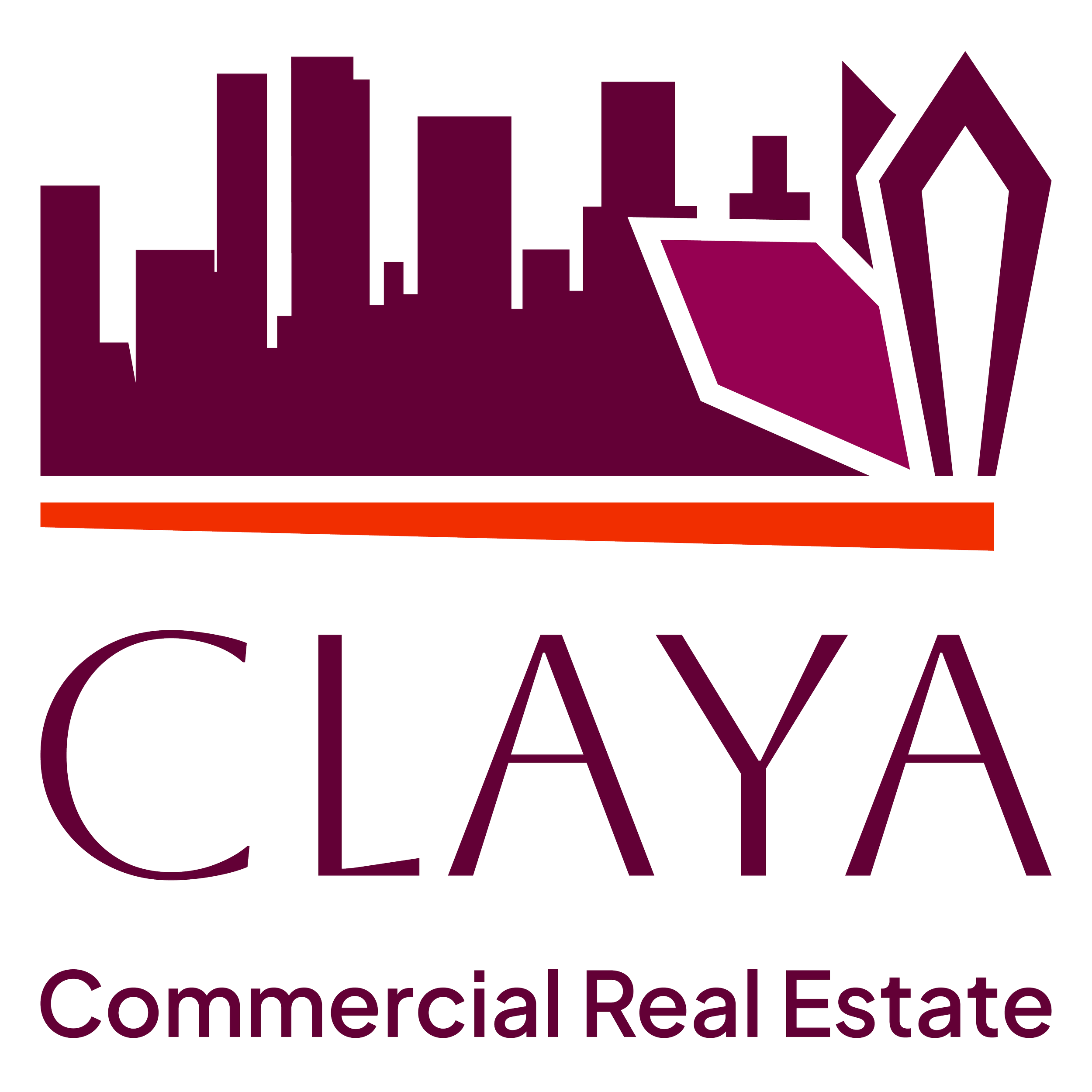 Logo for Claya Commercial Real Estate, featuring abstract cityscape and building graphics in purple and orange.