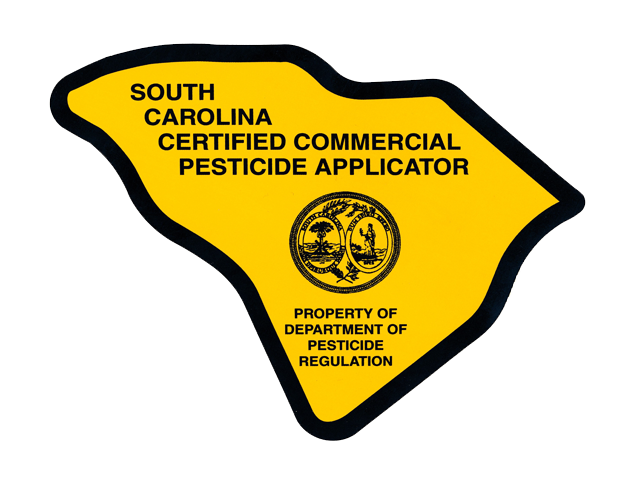 A yellow badge in the shape of South Carolina with text "South Carolina Certified Commercial Pesticide Applicator" and a seal that reads "Property of Department of Pesticide Regulation.
