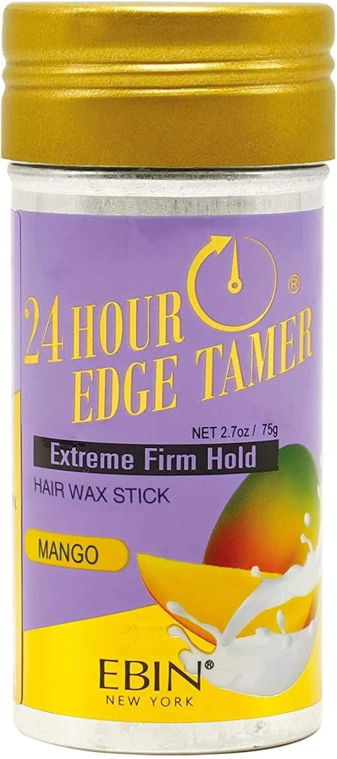 A purple container of 24 Hour Edge Tamer hair wax stick with mango scent, featuring a yellow lid and an image of a mango with milk splash on the front.