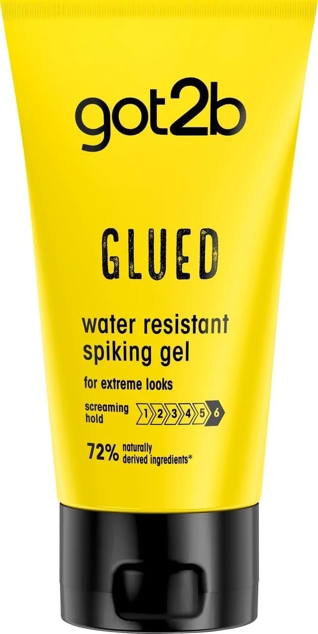 Yellow tube of got2b glued water-resistant spiking gel with black cap, labeled for extreme hair styling hold, contains 72% naturally derived ingredients.