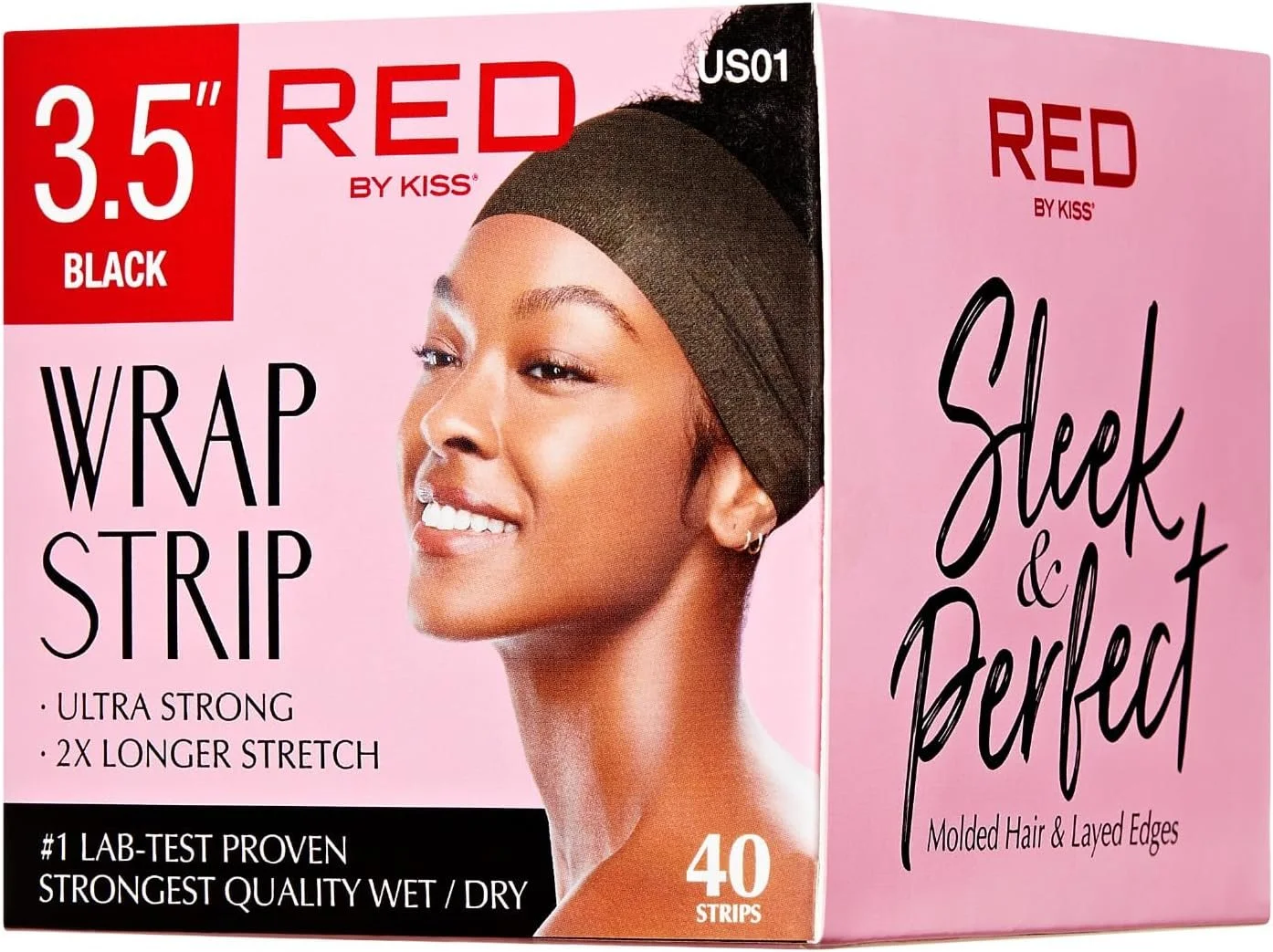 A box of Red by Kiss brand weave wrap strips for hair, containing 40 strips of black color, 3.5 inches in size, with a woman smiling on the packaging wearing a head wrap.