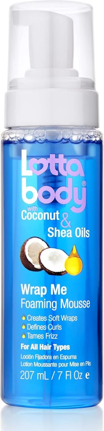 A bottle of Lotto Body Wrap Me Foaming Mousse with coconut and shea oils, containing 207 mL (7 Fl Oz), designed for all hair types.