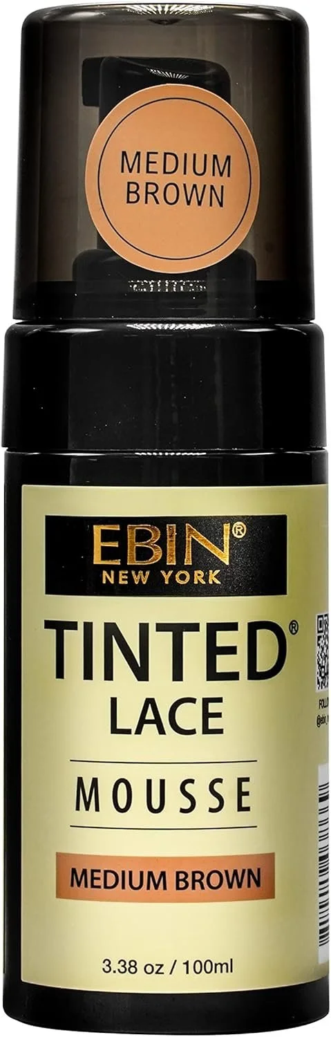 A black bottle of EBIN New York Tinted Lace Mousse in medium brown color, with a beige label and a circular beige sticker on the cap indicating 'Medium Brown'.