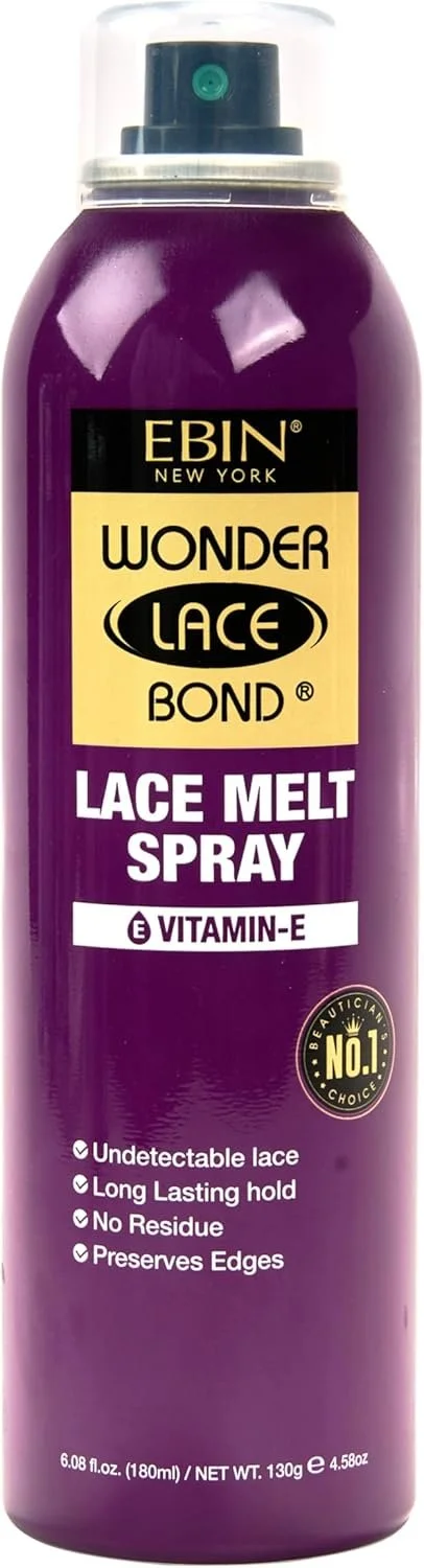 A purple bottle of EBIN Wonder Lace Bond Lace Melt Spray with Vitamin E, featuring a black and yellow label, containing 6.08 fl oz of hair product.