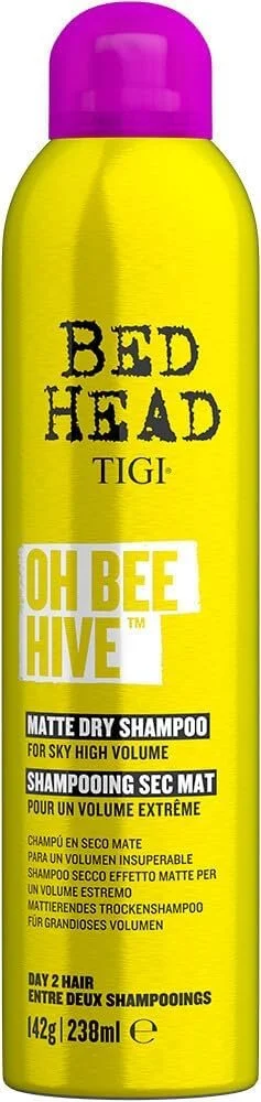 Yellow bottle of Bed Head TIGI Oh Bee Hive matte dry shampoo with a purple cap.