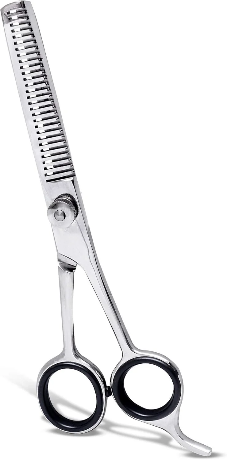 A pair of professional hair thinning scissors with adjustable tension screw and comb attachment on a white background.