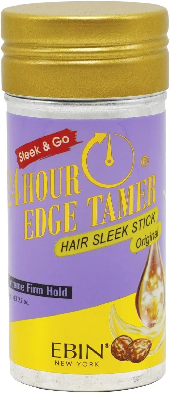A container of 4-hour edge tame hair product with a purple and yellow label, gold cap, and images of a hair drop and hazelnuts.