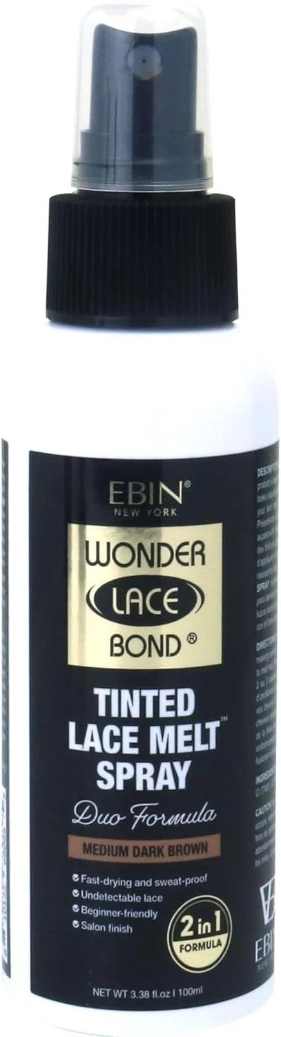 Spray bottle of Ebin New York Wonder Lace Bond Tinted Lace Melt Spray in medium dark brown. Black and gold label with white text.