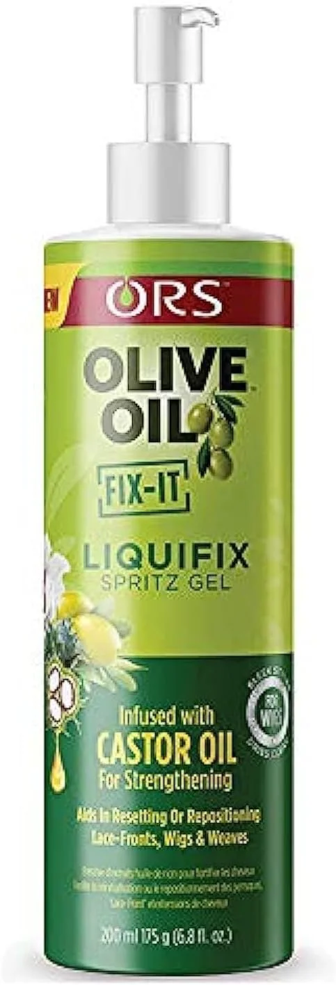 A green bottle of ORS Olive Oil Fix-It Liquifix Spritz Gel infused with castor oil for strengthening, with a white pump top.