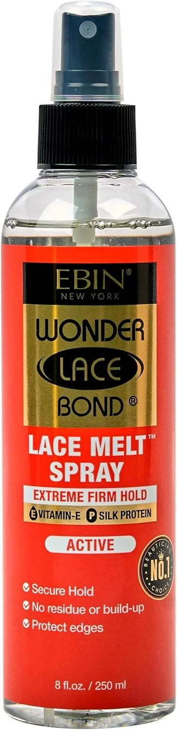 A spray bottle labeled 'EBIN New York Wonder Lace Bond Lace Melt Spray' with a black spray nozzle on top.