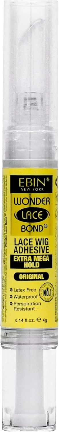A clear cylindrical tube of EBIN Wonder Lace Bond lace wig adhesive with a yellow label, featuring black text and design elements. It indicates extra mega hold, original formula, and benefits such as being latex free, waterproof, and perspiration resistant.