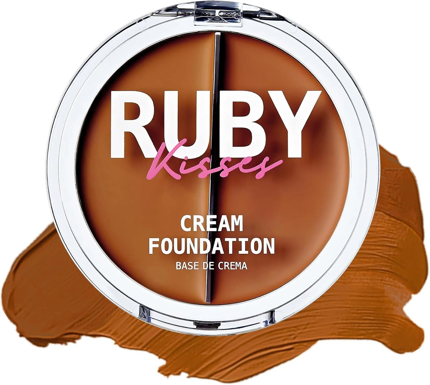 A circular container of Ruby Kisses cream foundation with a brown swatch of makeup behind it.