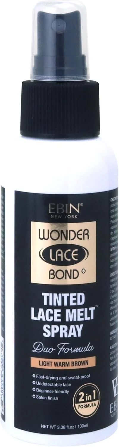 A bottle of EBIN Wonder Lace Bond tinted lace melt spray in light warm brown, with a black spray cap and clear cap cover