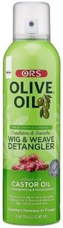A green spray bottle labeled 'ORS Olive Oil Wig & Weave Detangler' with a transparent cap and an image of olives.