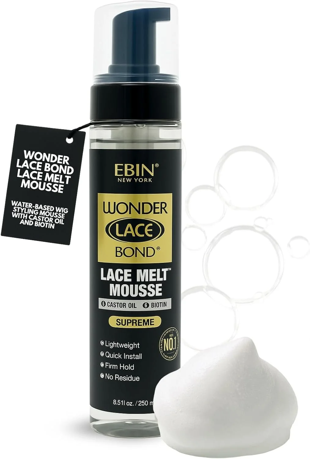 A bottle of EBIN New York Wonder Lace Bond Lace Melt Mousse with a black and gold label, along with some clear silicone lace wig rings and a piece of lace mousse foam at the bottom.
