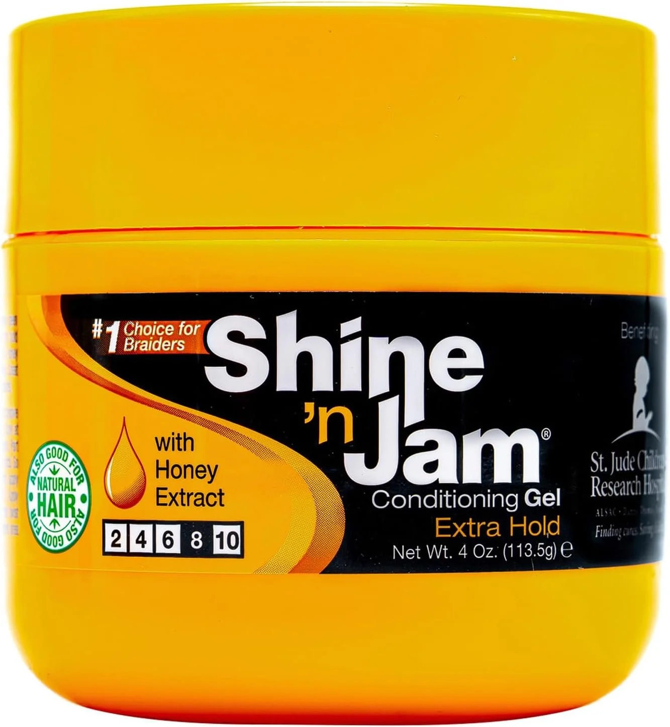 Yellow container of Shine 'n Jam Conditioning Gel with Honey Extract, 4 oz, Extra Hold.