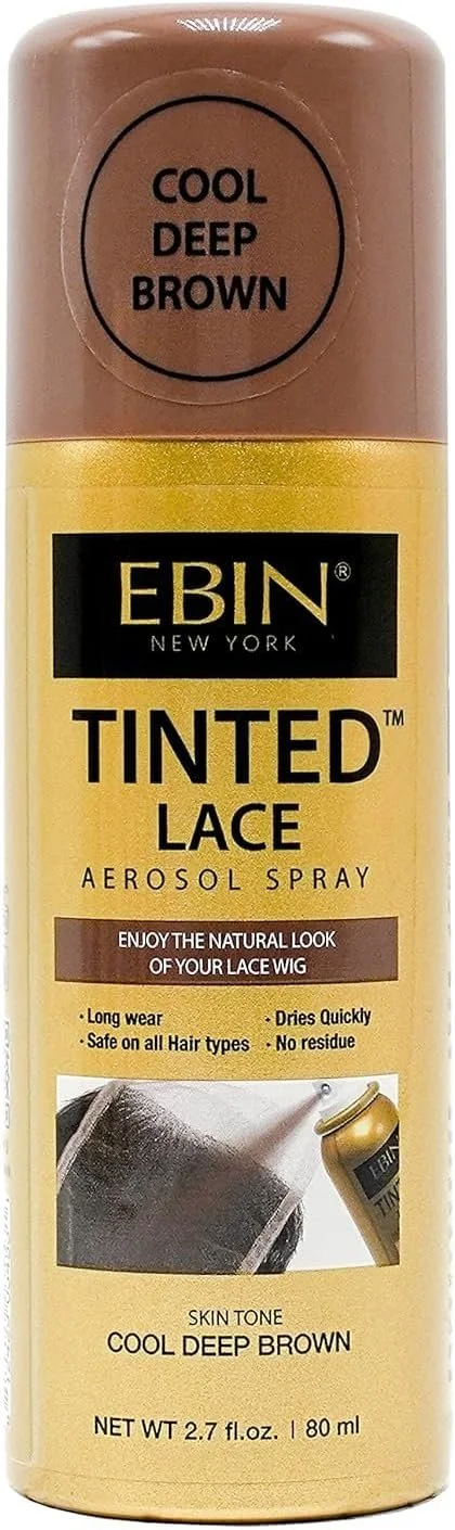 A can of EBIN Tinted Lace Aerosol Spray in Cool Deep Brown shade. The label highlights long wear, quick drying, no residue, and safe use on all hair types.