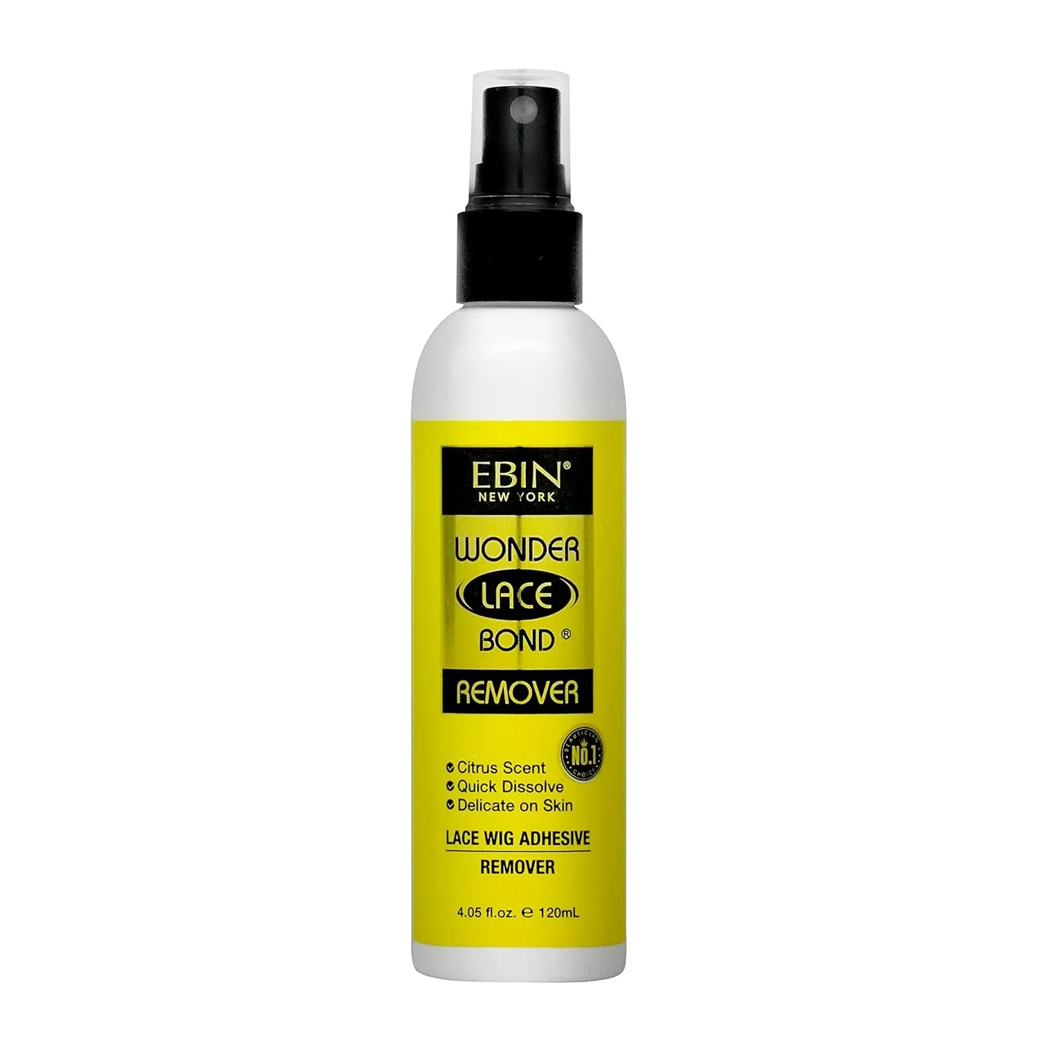 A spray bottle of EBIN Wonder Lace Bond Remover with a yellow label, black and white text, and a black spray nozzle.