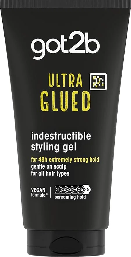 A black tube of got2b Ultra Glued Indestructible Styling Gel with yellow and white text, featuring a graph indicating strong hold for 48 hours, suitable for all hair types, and gluten-free.