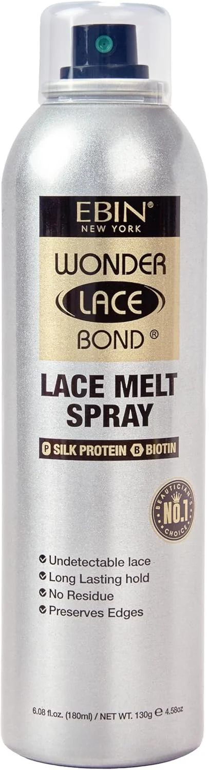 A can of EBIN Wonder Lace Bond Lace Melt Spray with a pump spray top, labeled with features like undetectable lace, long-lasting hold, no residue, and preserved edges, containing 6.08 fl oz (180 ml).