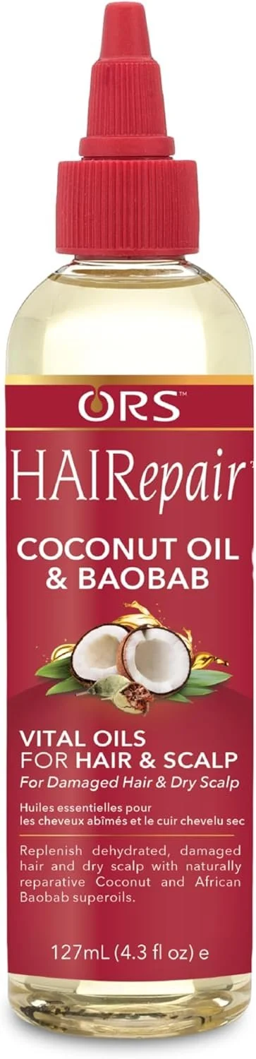 A bottle of URS Hair Repair Coconut Oil & Baobab for damaged hair and dry scalp, featuring a red label with images of coconut and baobab fruits.