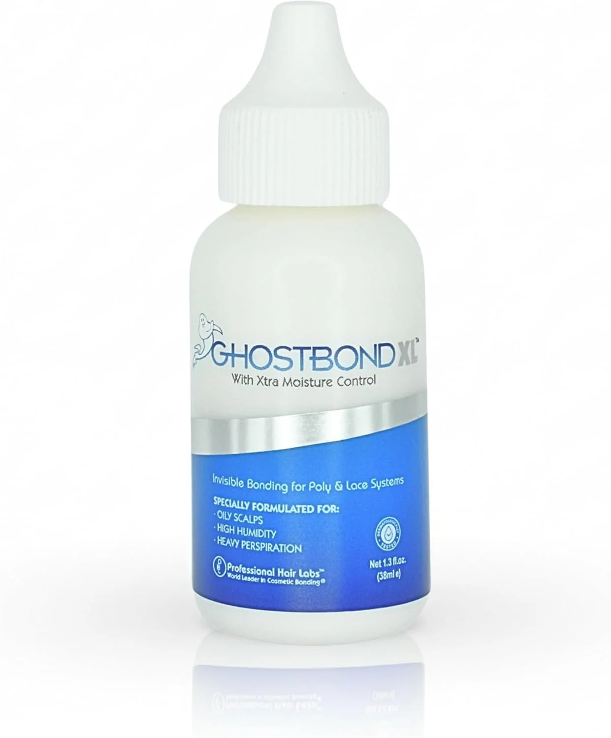 A white bottle of GhostBond XL adhesive with a white nozzle cap, featuring a blue label indicating it is used for bonding poly and lace systems, specially formulated for oily scalps, high humidity, and heavy perspiration, and made by Professional Hair Labs.