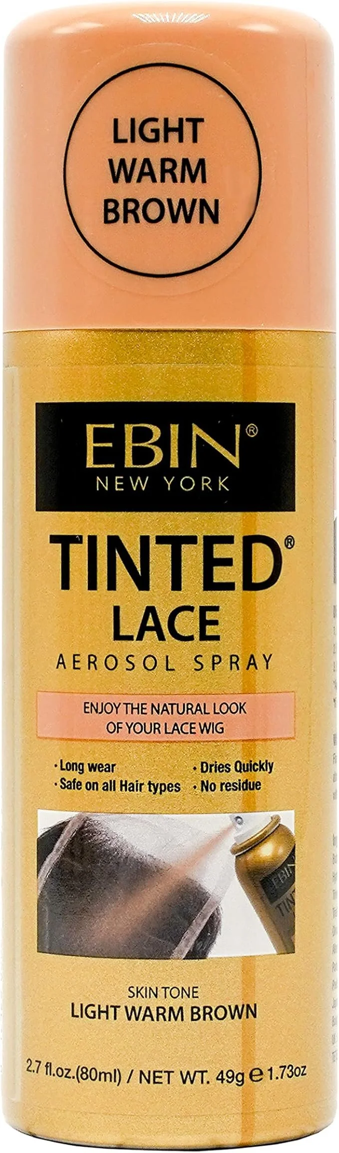 A can of EBIN New York Tinted Lace Aerosol Spray in Light Warm Brown, used for lace wigs, with instructions to enjoy a natural look, long wear, quick drying, safety on all hair types, and no residue.