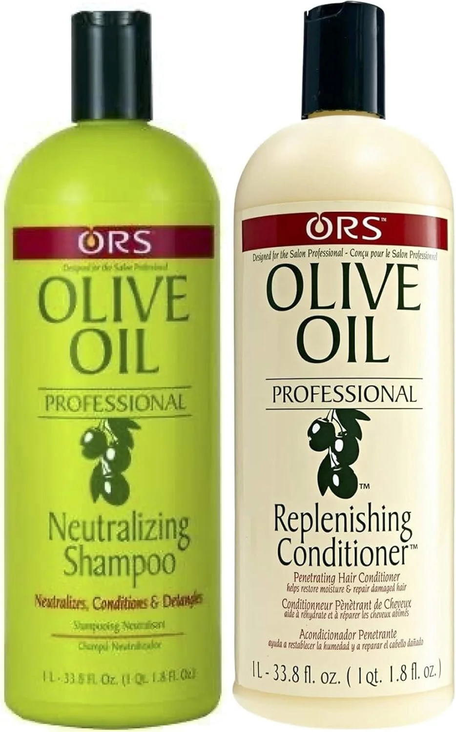 Two bottles of ORS Olive Oil professional hair care products, one labeled Neutralizing Shampoo and the other Replenishing Conditioner.