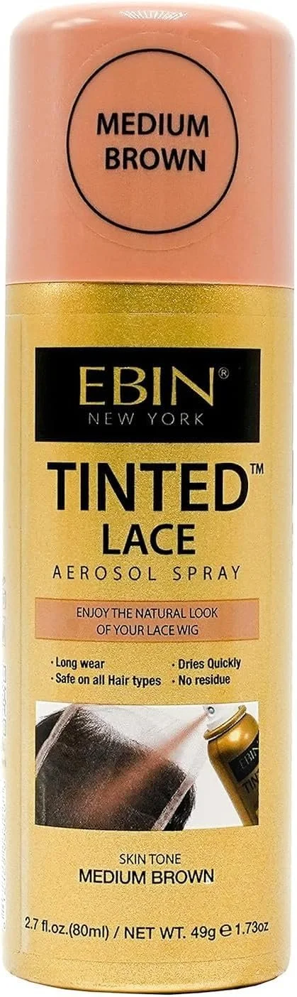 Can of Ebin New York tinted lace aerosol spray in medium brown color.