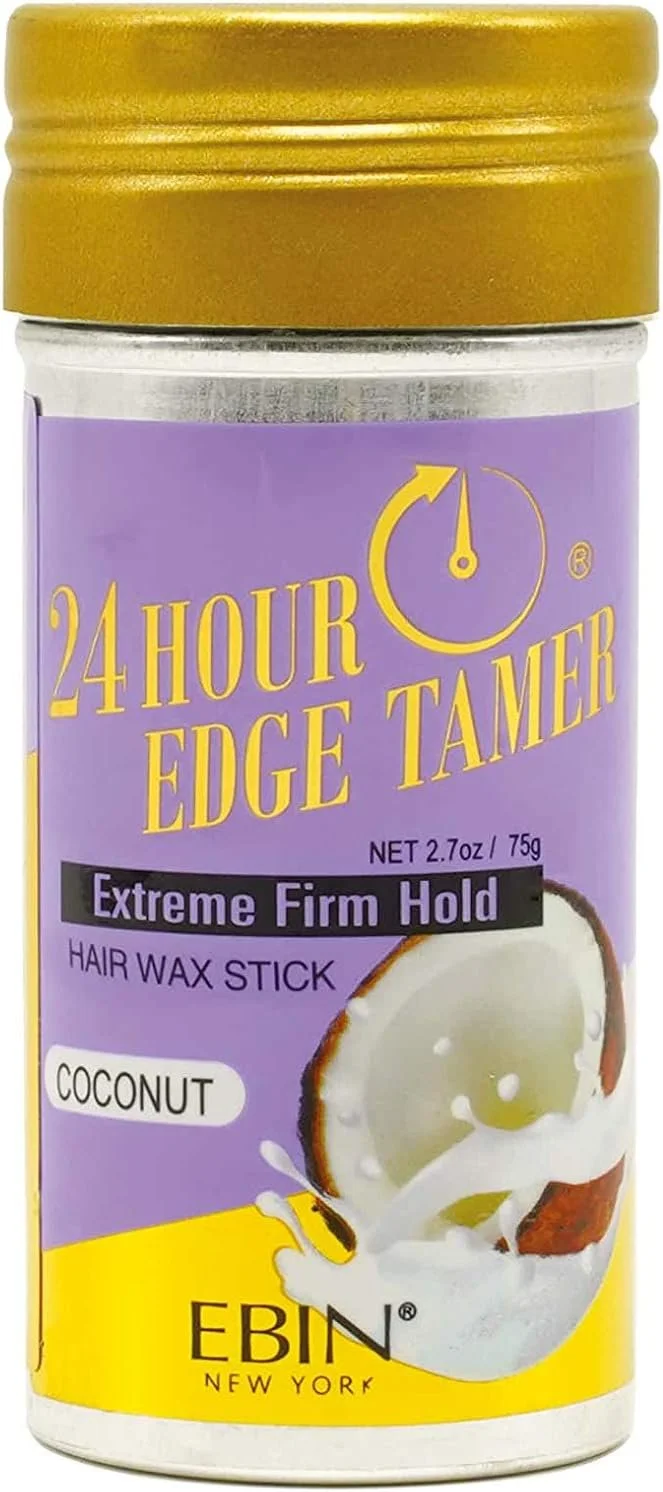 A container of 24-hour edge tamer hair wax stick, with a coconut scent, in a yellow and purple packaging from EBIN New York.