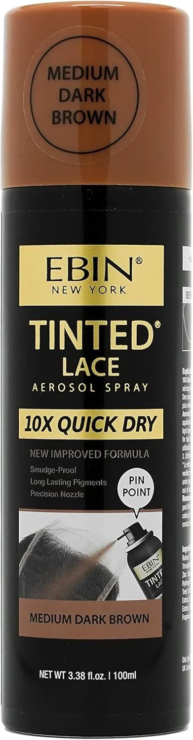Ebin New York Tinted Lace Aerosol Spray in medium dark brown color with a pin point nozzle for quick dry application.