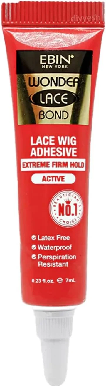 Red tube of Ebin Wonder Lace Bond Lace Wig Adhesive with white cap, labeled as extreme firm hold, waterproof, latex-free, and perspiration resistant.