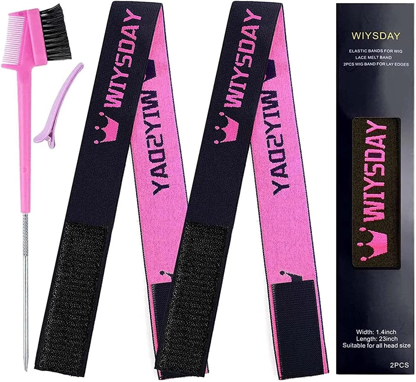 Pink and black elastic bands for wig styling with the phrase "WIYSDAY" and a pink crown logo, a pink wig styling tool with a brush and hook, and packaging showing dimensions.