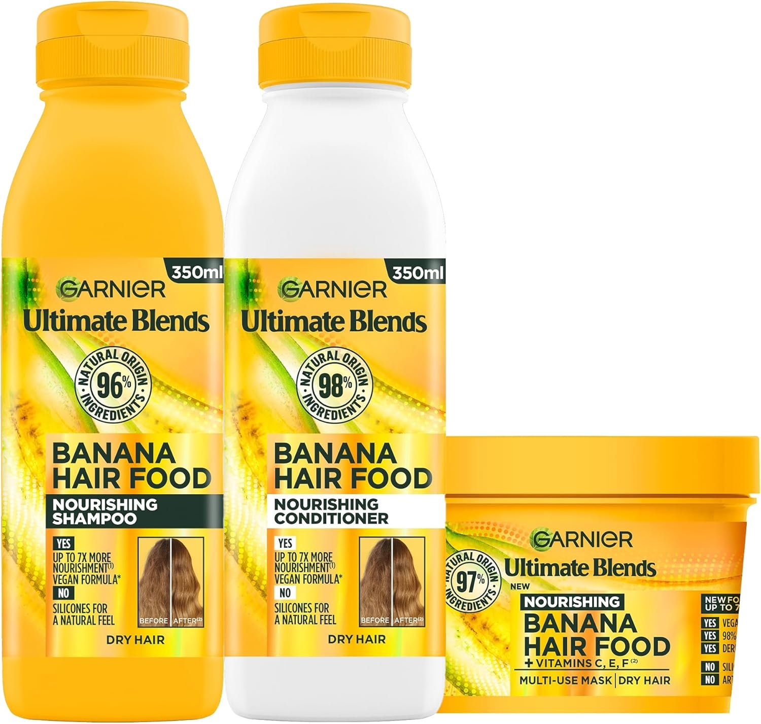 Garnier Ultimate Blends Banana Hair Food nourishing shampoo, conditioner, and multi-use mask for dry hair, with natural ingredients and vegan formula.