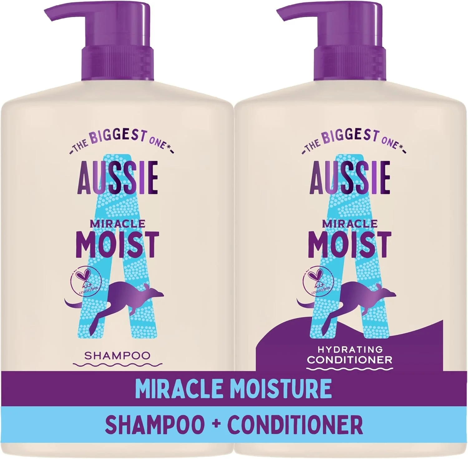Two bottles of Aussie Miracle Moist shampoo and conditioner with purple pump caps, featuring a purple kangaroo and a blue lighthouse illustration. The shampoo bottle is on the left, and the conditioner is on the right. The bottles are beige with purple and blue accents, and text indicating they are for hydration and moisture.