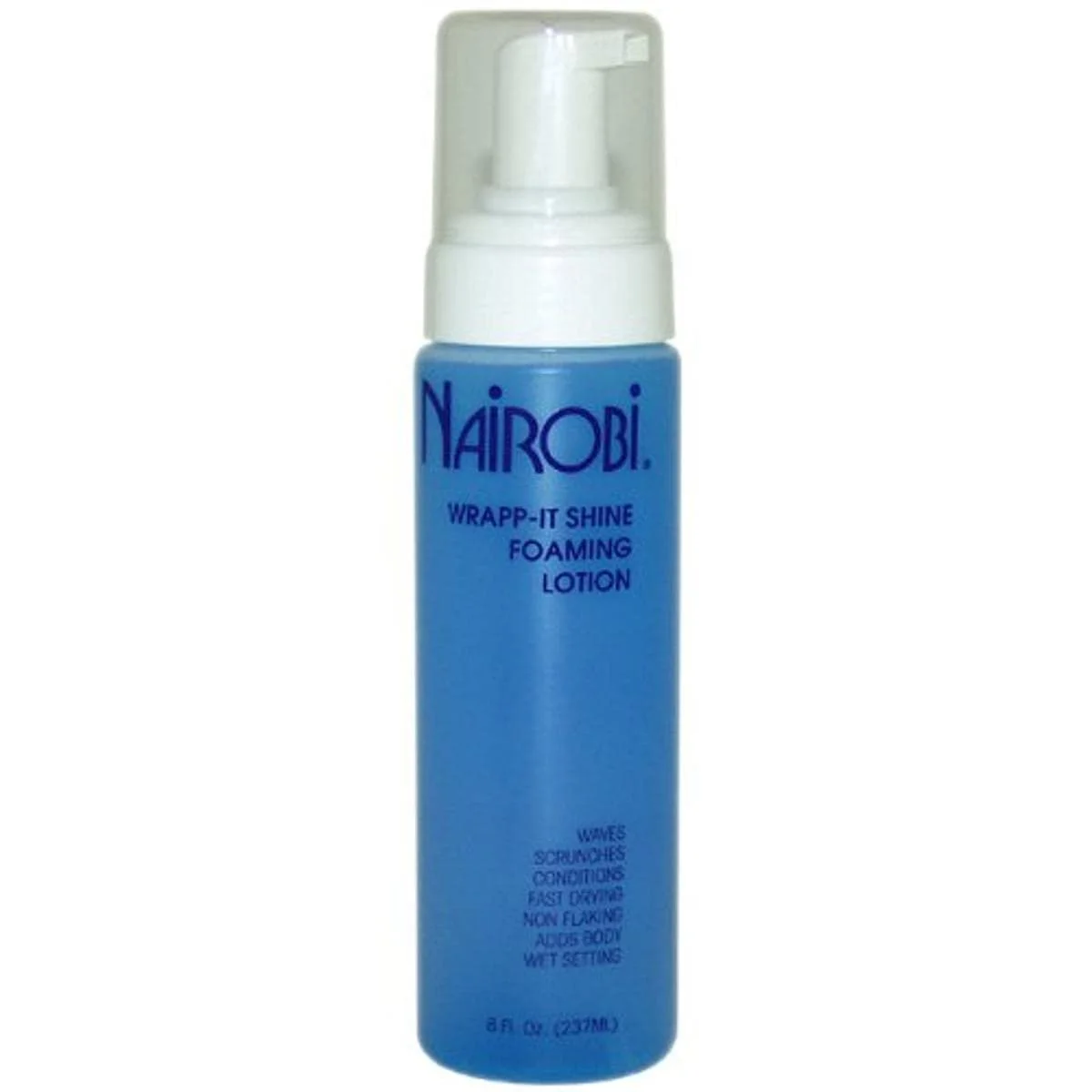 A blue bottle of Nairobi Wrapp-It Shine Foaming Lotion with a white pump dispenser.
